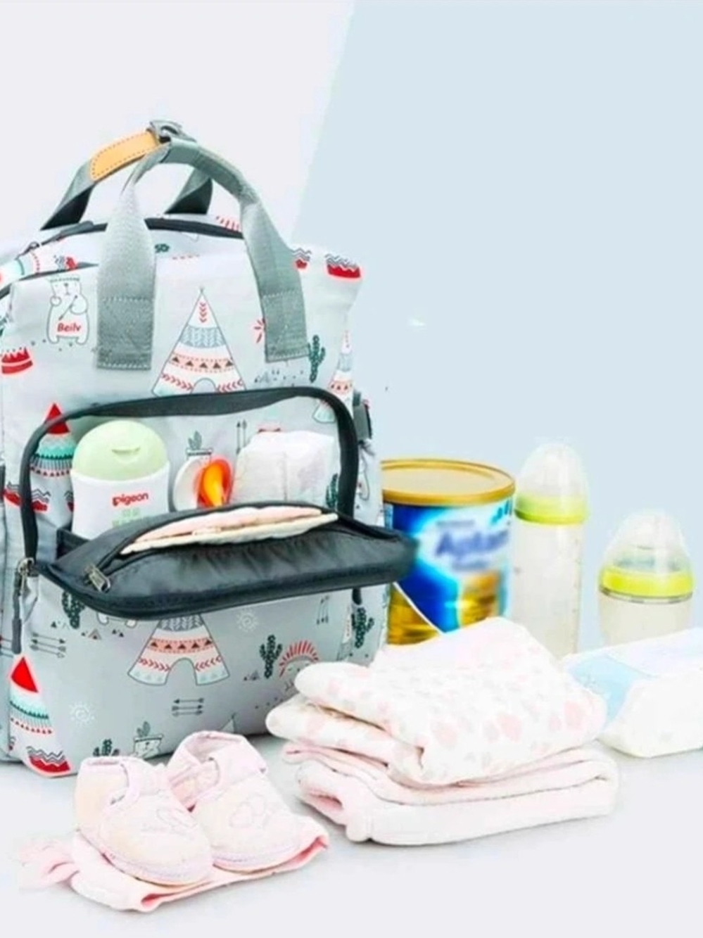 Kids Diaper Backpack Bag in Light Gray with Teepee Print